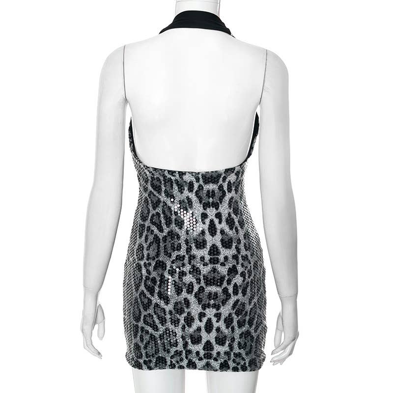 BELLISSIMA FASHION - Wholesale Dress - Women's - Leopard Print Halterneck Backless Bodycon Mini Dress(C)13