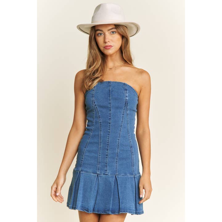 WASHED DENIM TUBE MINI DRESS WITH PLEAT SKIRT for wholesale by Sweet Generis