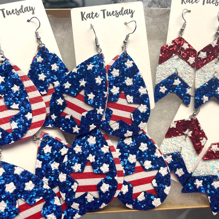 Patriotic 4th Of July Glitter and Leather Earrings for wholesale by Kate Tuesday Jewelry