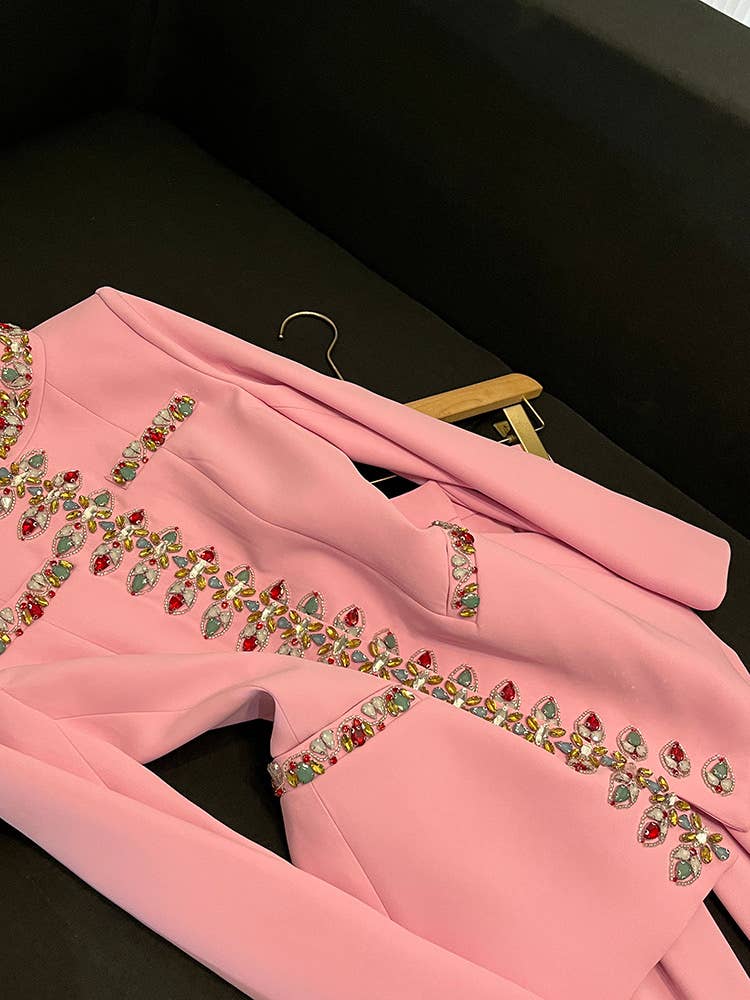 Rose Veste en diamant rose perlée à la main SY379 et costume pantalon skinny en vente sur Faire2