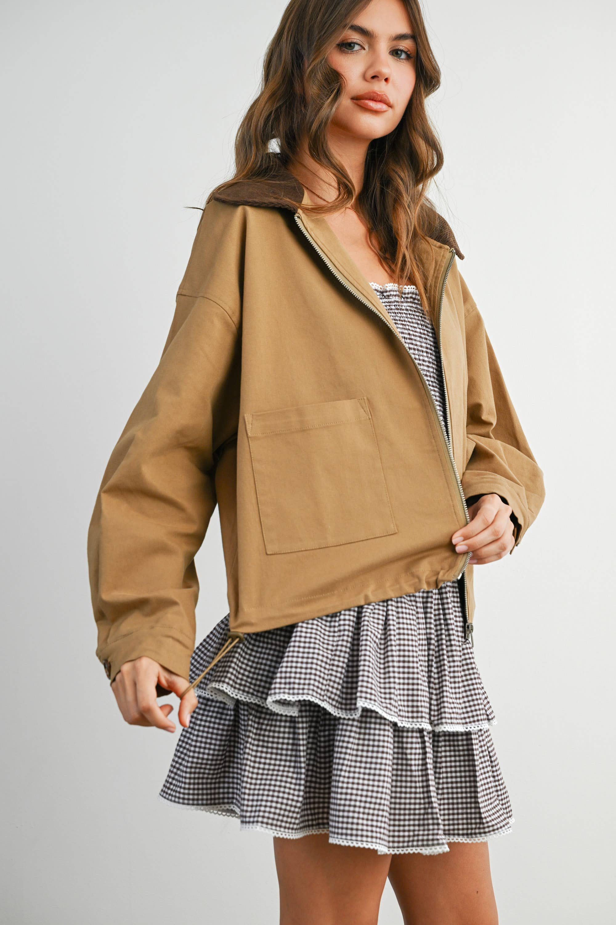 BUTTERMELON - Wholesale Jacket - Women's - Collared Zip-Up Drawstring Jacket - BMJ782520