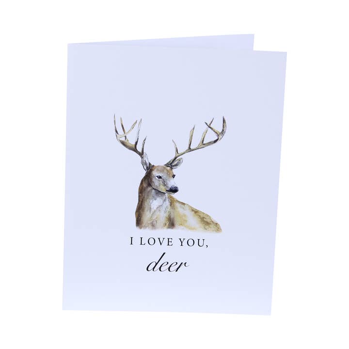 Biglietto di auguri divertente a forma di cervo con scritta «I Love You Deer» per la vendita all'ingrosso da parte di Barrel Down South