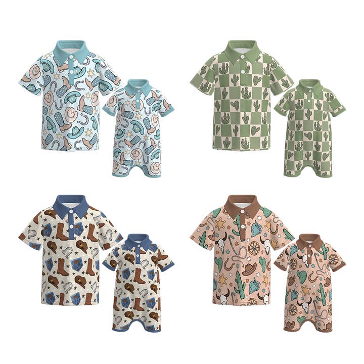 Baby Boys Wild Boots Cactus Print Polo Shirt Romper for wholesale by Auraquise