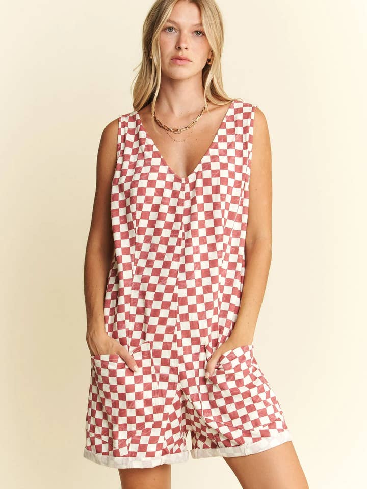 Jade By Jane Plus Size ærmeløs plaid-romper med bindebånd i ryggen og lommer for engroshandel hos Queenado