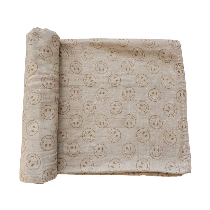 Muslin Swaddle Blanket - Smiley Faces for wholesale by Harp Angel Boutique