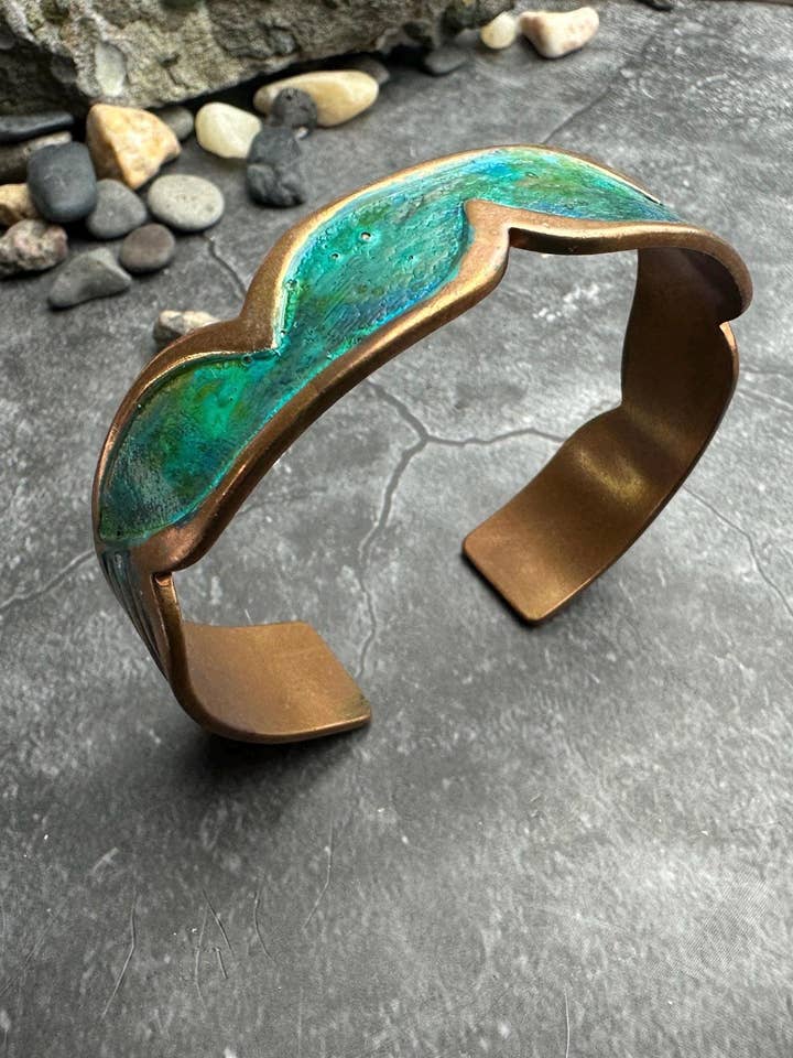 Brass Cuff Bracelet with Blue Green Hand Patina- Art Deco for wholesale by The Sunstone on Main