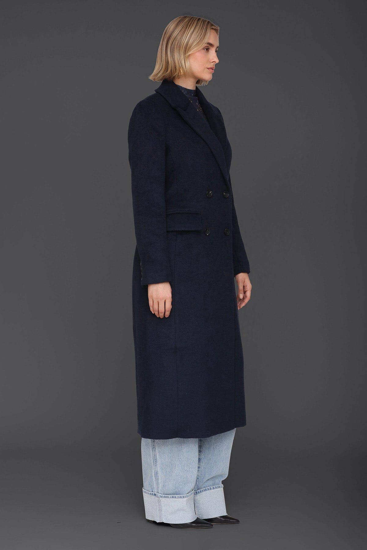 Navy Wool Blend Double Breasted Coat for wholesale on Faire4