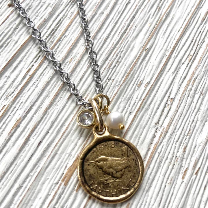 VB&CO Designs Handmade Jewelry - Wholesale Pendant/Charm Necklace - Farthing coin necklace England English royal jewelry bird