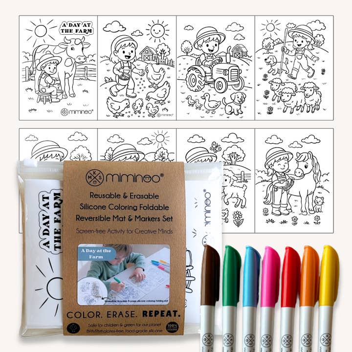 Reversible Foldable Opaque Silicone Coloring Mat & Markers Set - A Day at the Farm for wholesale by Miminoo
