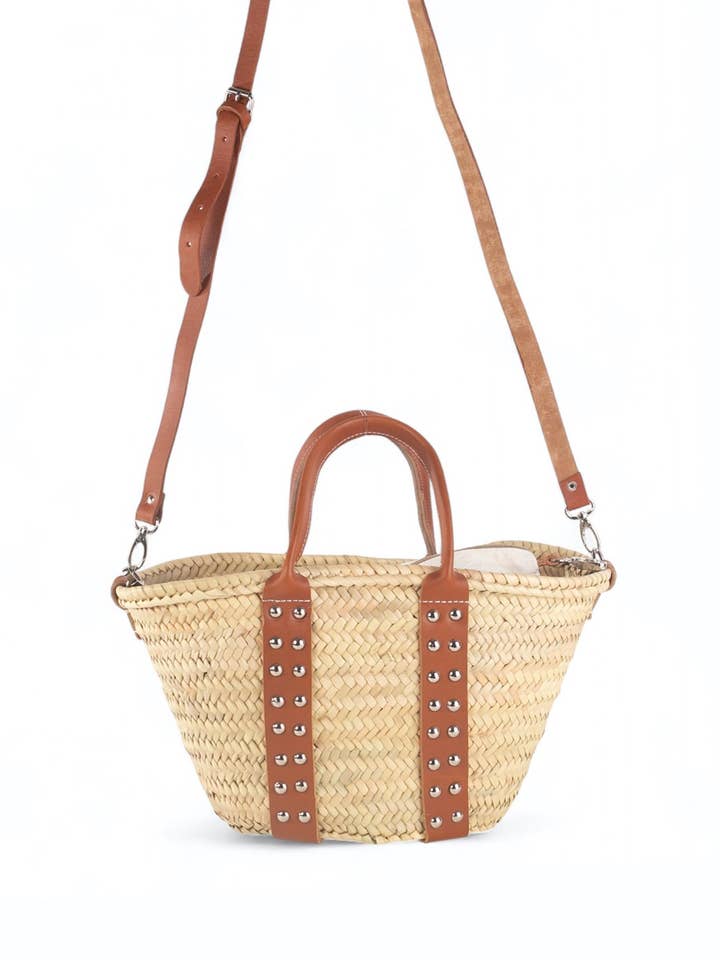 SMALL NATURAL PALM BASKET WITH RIBBON AND LEATHER HANDLES for wholesale by Kbas