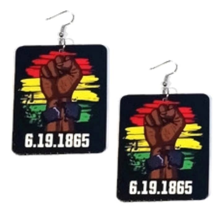 Boucles d'oreilles pendantes en bois rectangulaires POWER FIST Since 1865 pour la vente par Kerena Nicole