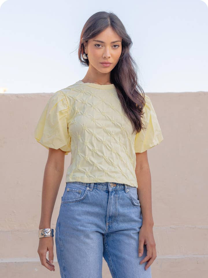 Flower Embossed Puff Sleeve Tee Top for wholesale by Strut & Bolt
