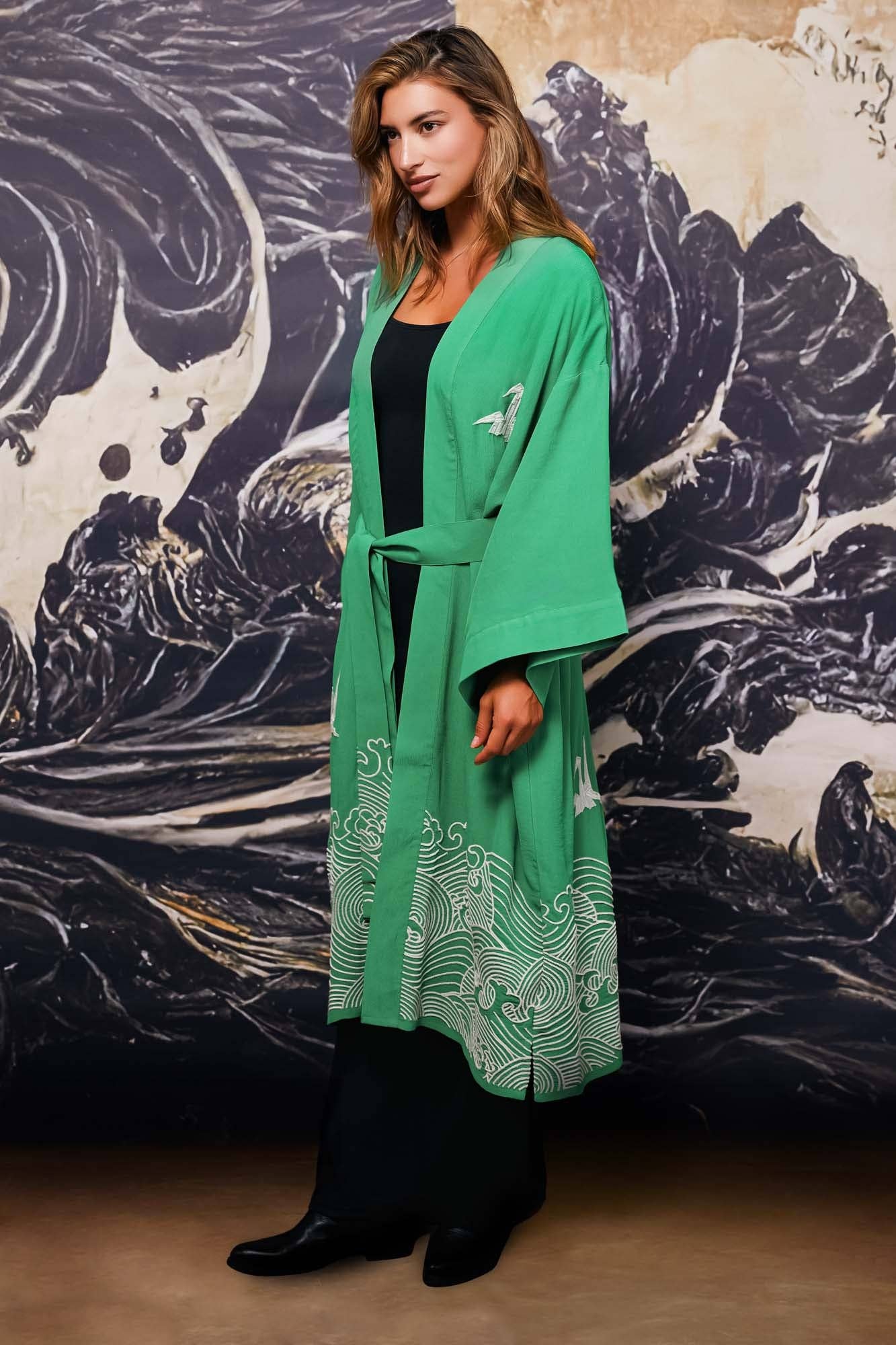 Artemis Muse – wholesale Kimono – Women's – Origami and Hokusai Wave Embroidered Fully Lined Island Green Long Kimono2