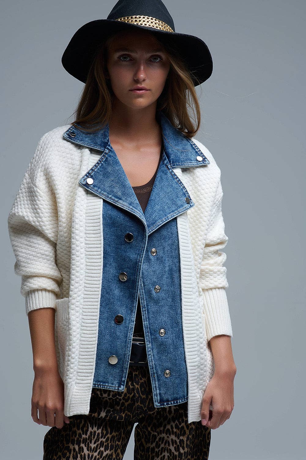 CREAM Waffle Knit Cardigan in White with Blue Chunky Denim inside for wholesale on Faire4