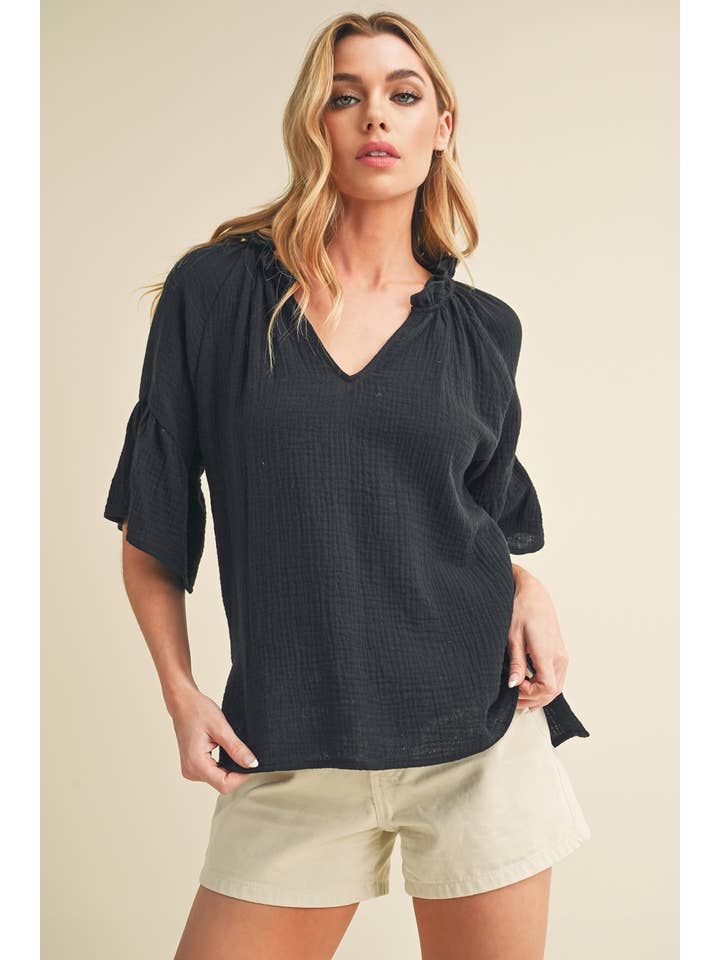 AEMI + CO - Wholesale Blouse - Women's - 8258DK Tes 3/4 Sleeve Ruffle Top