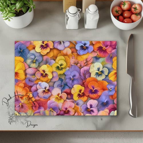 Dark Horse Dream Designs LLC - Wholesale Cutting Board - Pansie Flowers / Floral Bunch / Glass Cutting Board