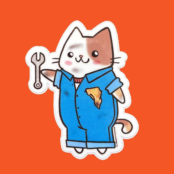 Mechanic Cat Vinyl Sticker for wholesale by Brave Moonman