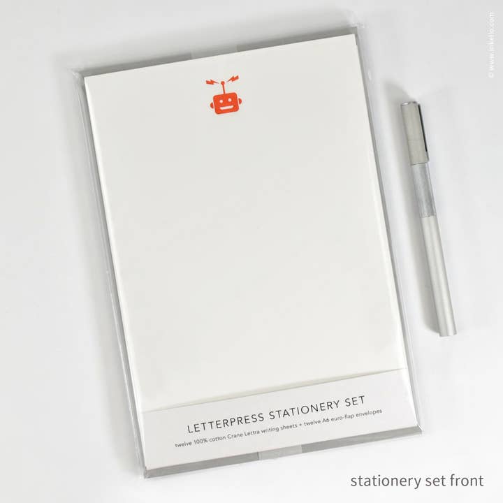 Stationery Set with Red Robot (#472) for wholesale by Inkello Letterpress