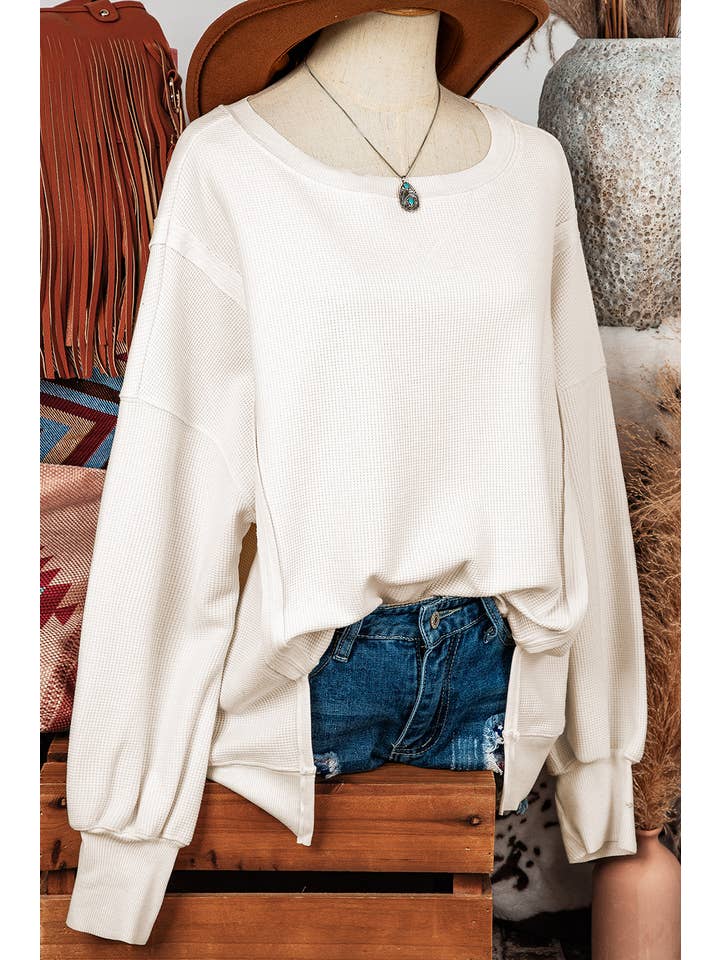 fashionworks - Wholesale Sweatshirt - Women's - Waffle Knit Bishop Sleeve Split Oversized Sweatshirt*S-2XL13