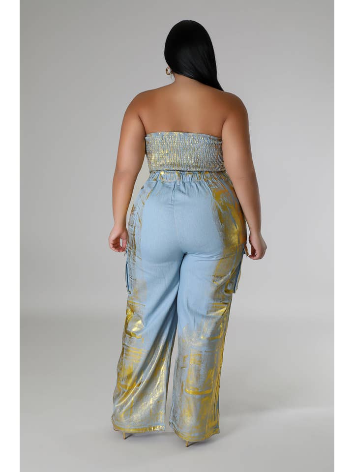 5besties inc – wholesale Jumpsuit - Dam – Jeansjumpover utan axelband med folieprint5