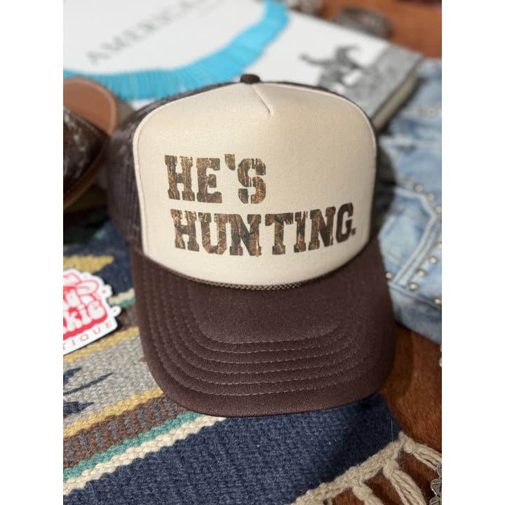 Brown Tan He's Hunting Trucker Hat for wholesale on Faire
