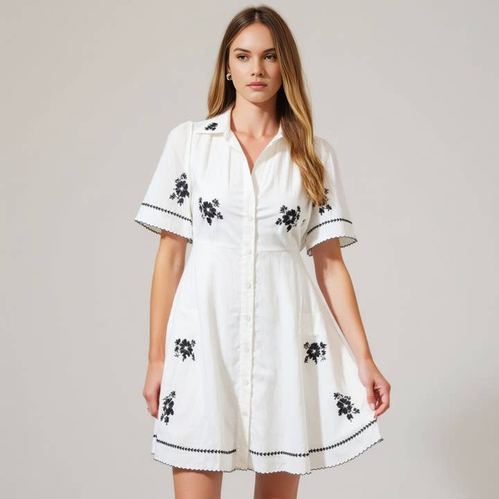 Short-Sleeve Button-Front Embroidered Shirt Dress for wholesale by Modenaire