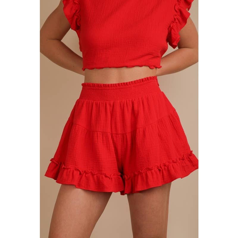 IVE - Vente Ensemble haut et short (PAS d'intérieur) - Femme - Ensemble haut tissé uni à volants ET short10
