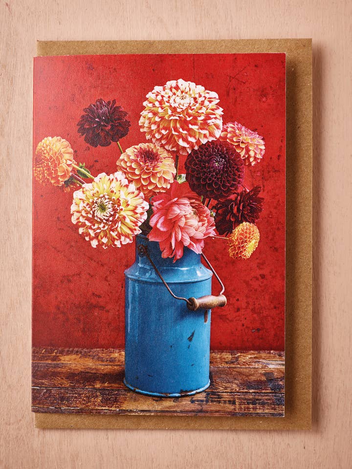 'Churn of Decorative Dahlias' Greetings Card for wholesale by Jane Scott Flowers
