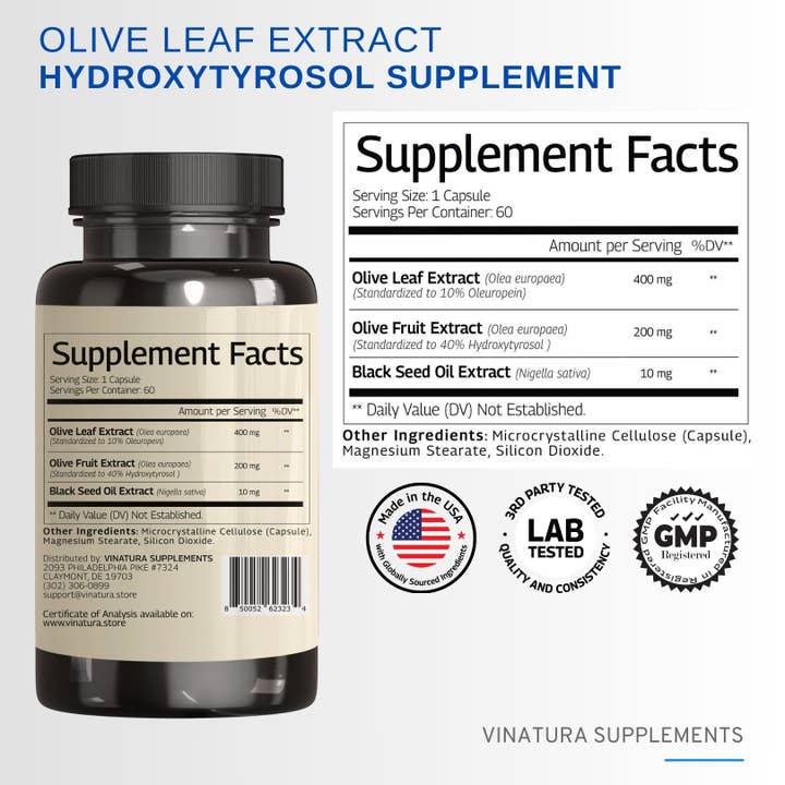 VINATURA SUPPLEMENTS - Wholesale Oral Supplement/Vitamin - Olive Leaf Extract & Fruit Hydroxytyrosol1