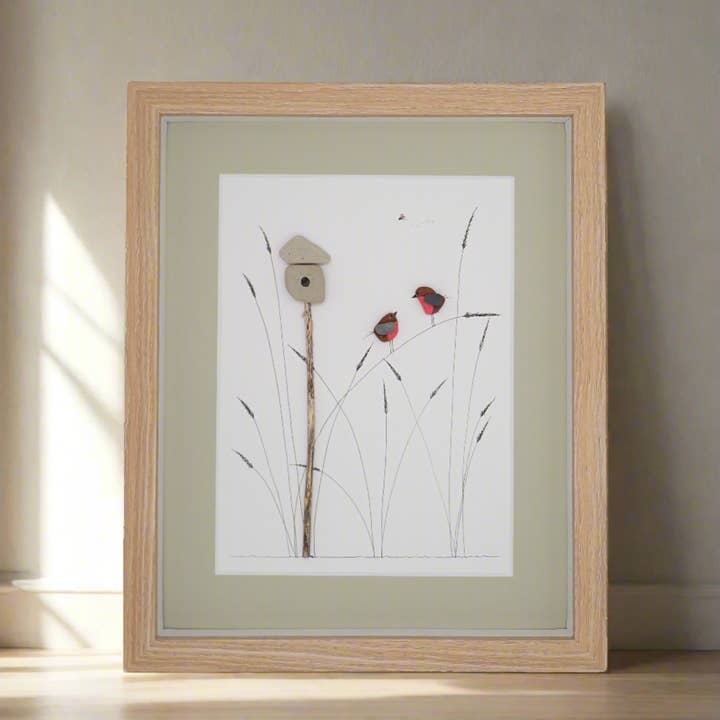 Sea Glass Robin on Marsh Reeds Bird House Picture 8x10 for wholesale by Driftsea Creations