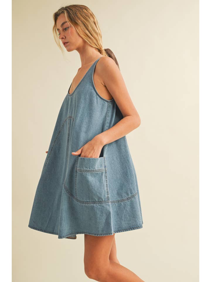 SIDE POCKET SLEEVELESS DENIM DRESS for wholesale on Faire
