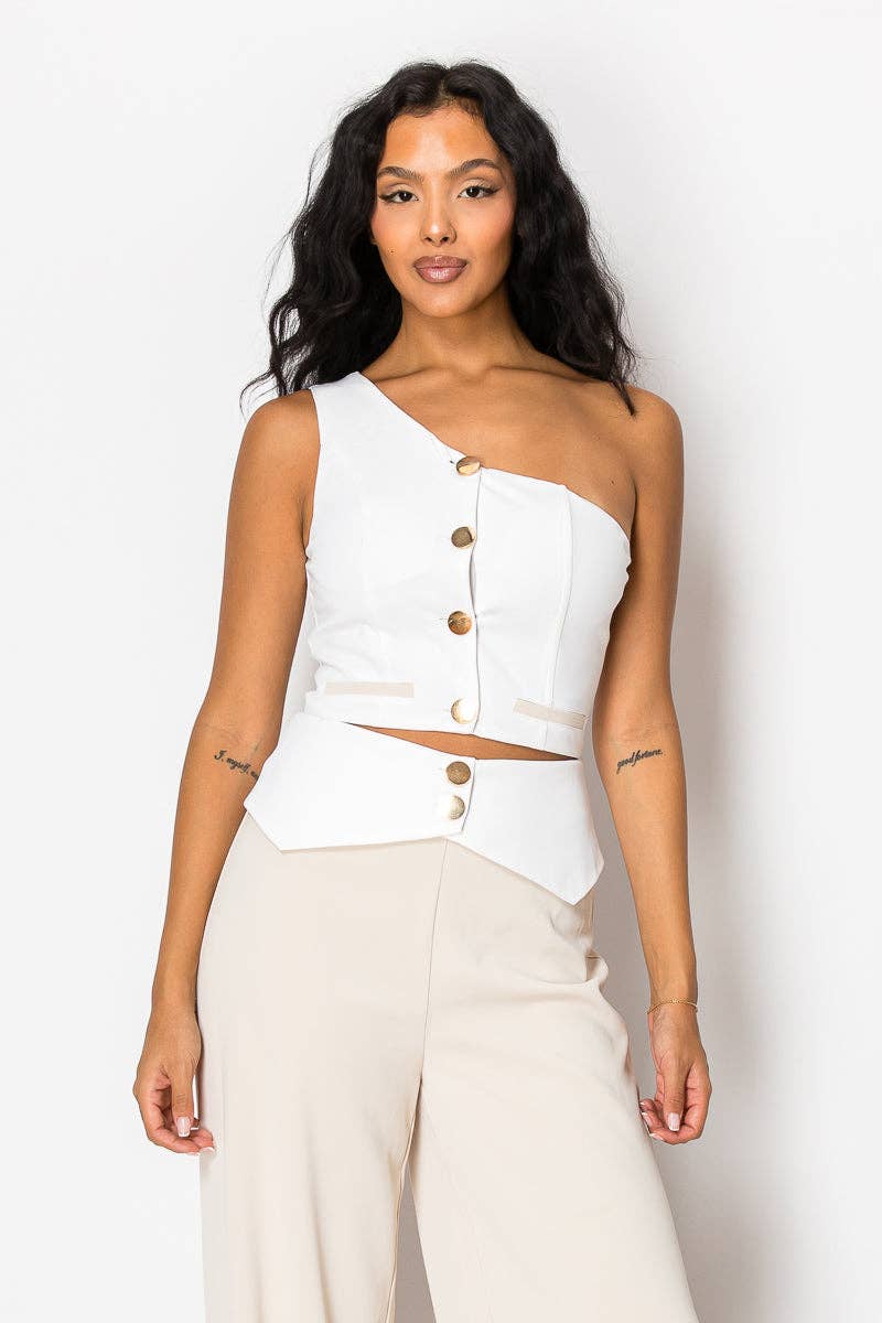 Beige Contrast Wide Pant Set With One Shoulder Top for wholesale on Faire5