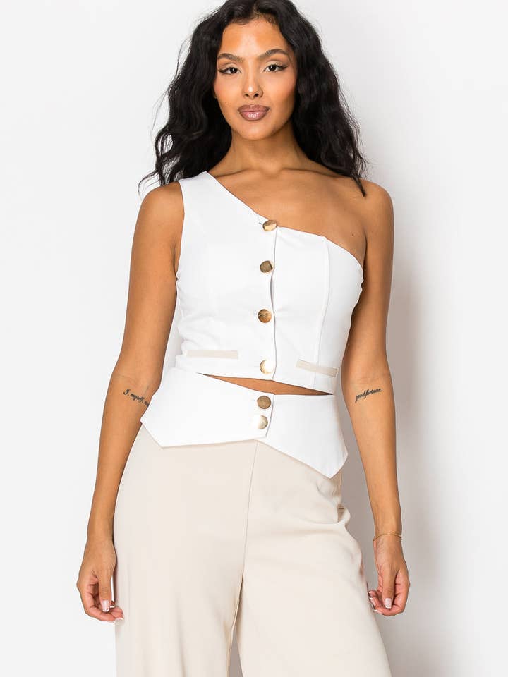 Beige Contrast Wide Pant Set With One Shoulder Top for wholesale on Faire5
