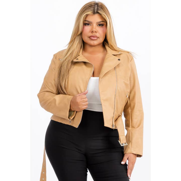 Curve Market - Wholesale Jacket - Women's - PLUS SIZE FAUX LEATHER ZIP FRONT BELTED MOTO CROP BIKER JACK