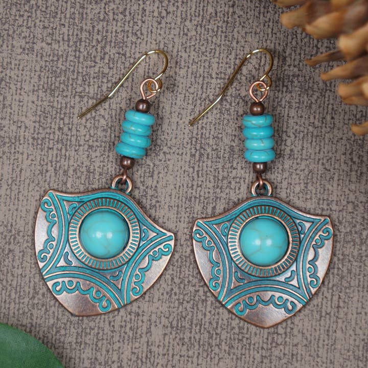 Beautiful Boho Vintage Style Abstract Copper Patina and Turquoise Dangle Earrings 18K Gold Earwires for wholesale by Jewelry by Dawn