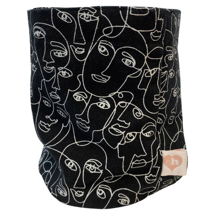 Plant Holder / Storage Bin - Black with Lt Gray Drawn Faces for wholesale by Collective Heart