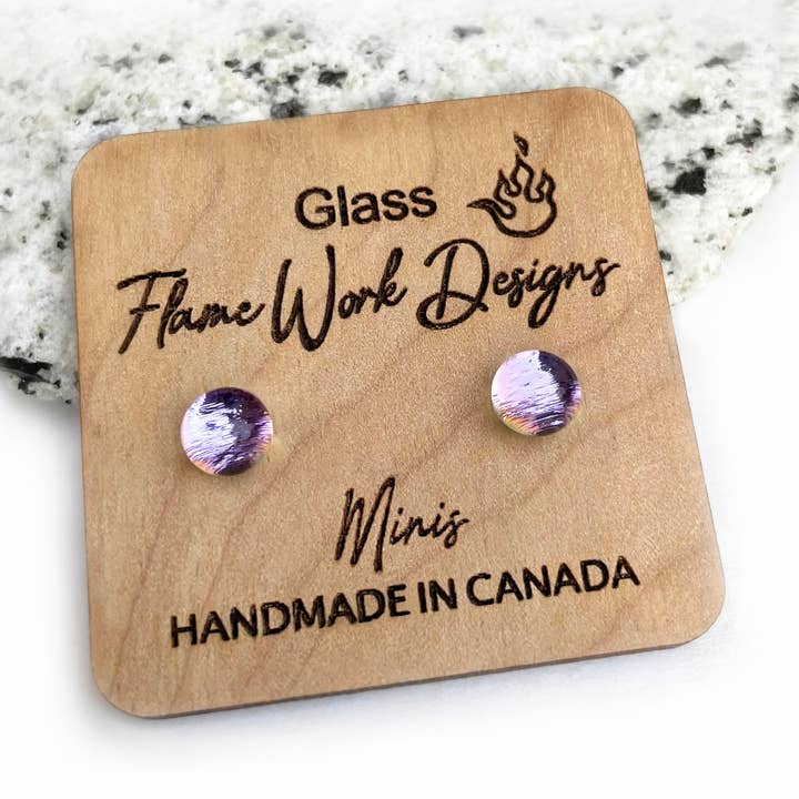 Dichroic Glass Mini Stud, Purple Pastel 6mm Purple Earrings for wholesale by Flame Work Designs - Glass Jewelry