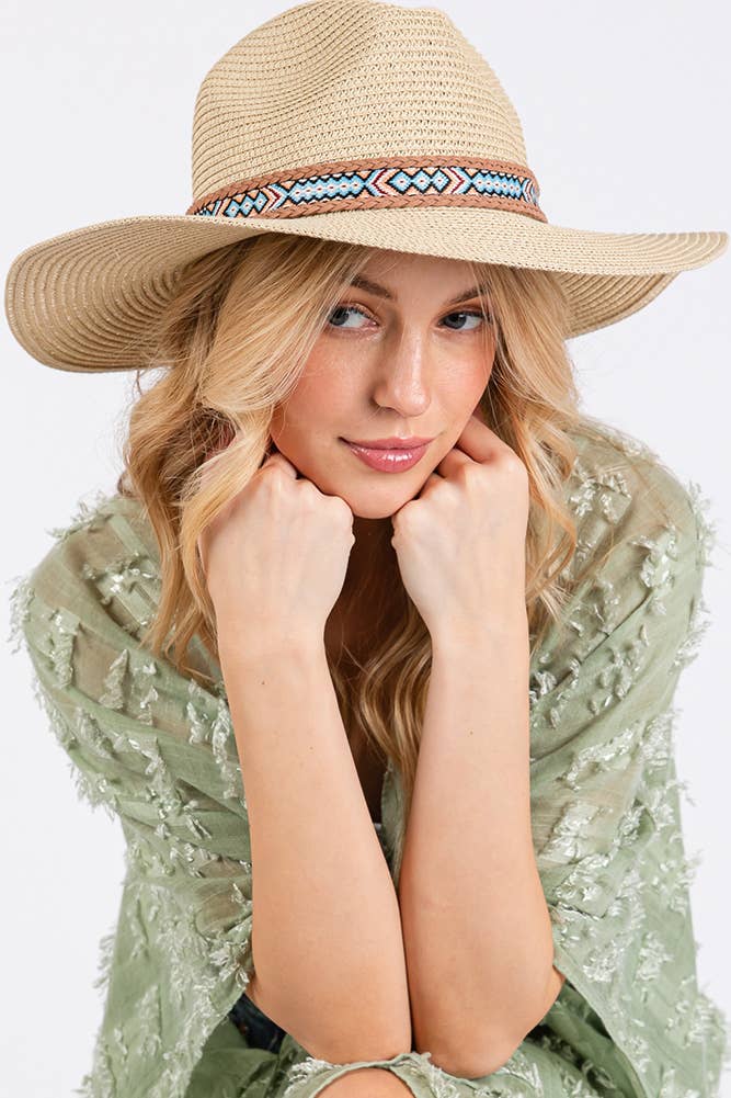 Hana – wholesale Stråhatt – Dam – Vävd Boho Aztekiskt Mönster Band Sommar Solhatt0