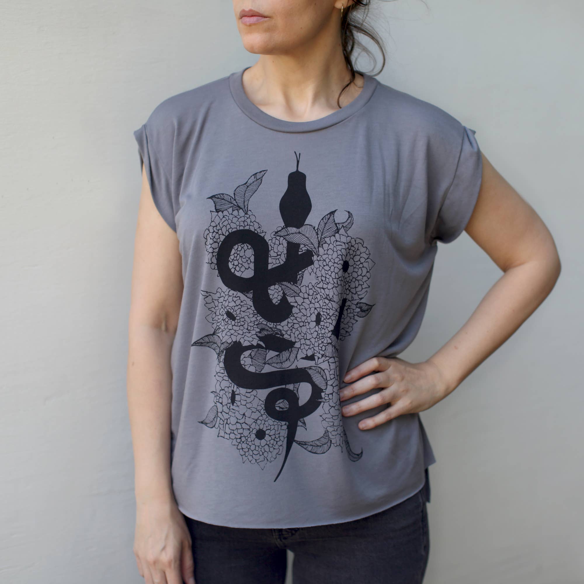 Blackbird Supply Co. - Wholesale Screen Printed T-Shirt - Women's - Art Nouveau Black Snake Women's Loose Fit Muscle Tee Gray3
