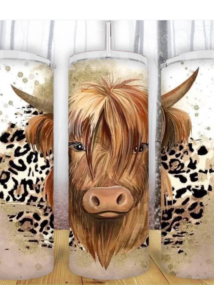 20oz Highland Cow Cheetah Gold Tumbler for wholesale by Creative Queen Boutique