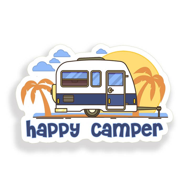 Happy Camper Palm Tree Trailer Sticker for wholesale by Real Sticky