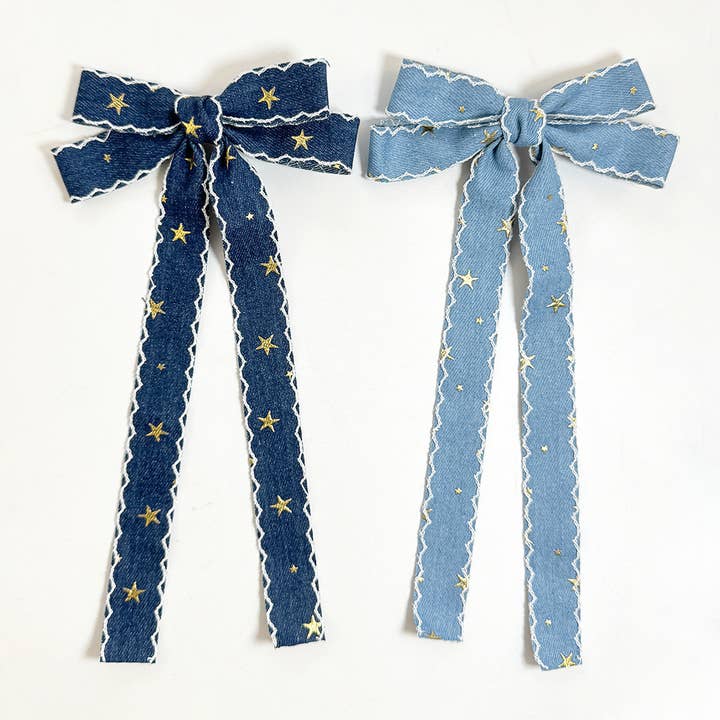 MKS America - Wholesale Hair Clip - Women's - Contrast trim Denim Ribbon Long double bow Star clips