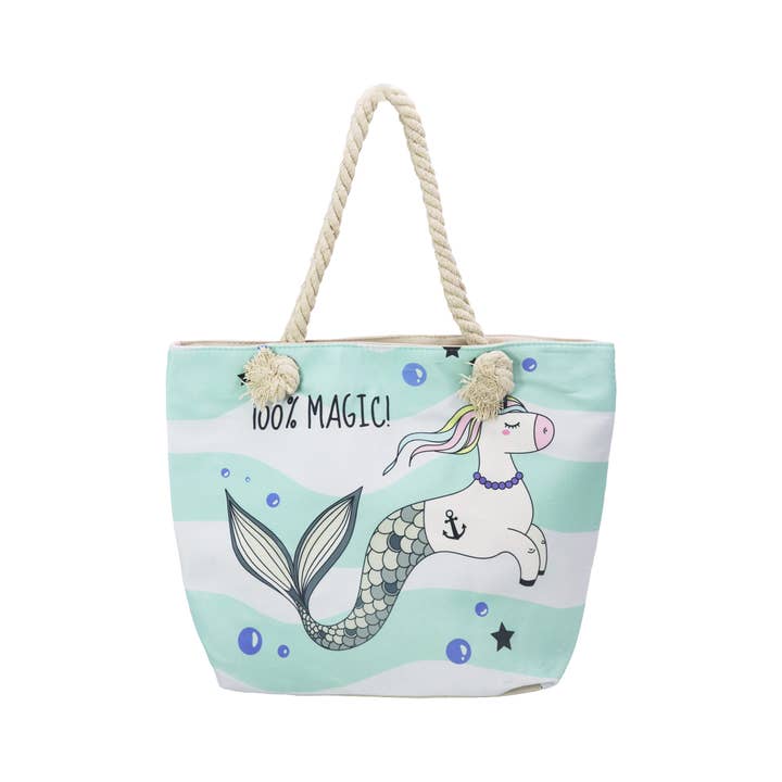 Cap Zone – wholesale Tote bag – Women's – Unicorn And Mermaid Zippered Canvas Tote Bag