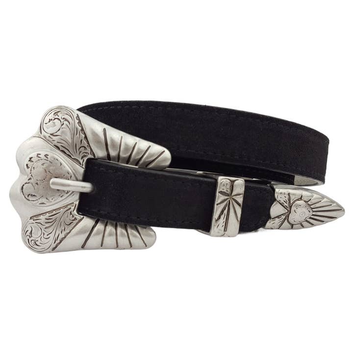 Axesoria West – Cinto - Mulher por atacado – Conjunto de Fivela Western com Design de Coração em Cinto de Camurça Verdadeira