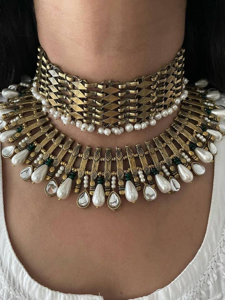 Juego de joyas afganas de dos piezas, gargantilla y collar vintage para venta al por mayor de vintarust