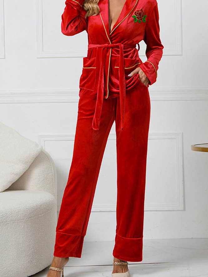 UNISHE - Vente Haut et bas de pyjama – femme - Ensemble de pyjama en velours brodé rose HYG04114