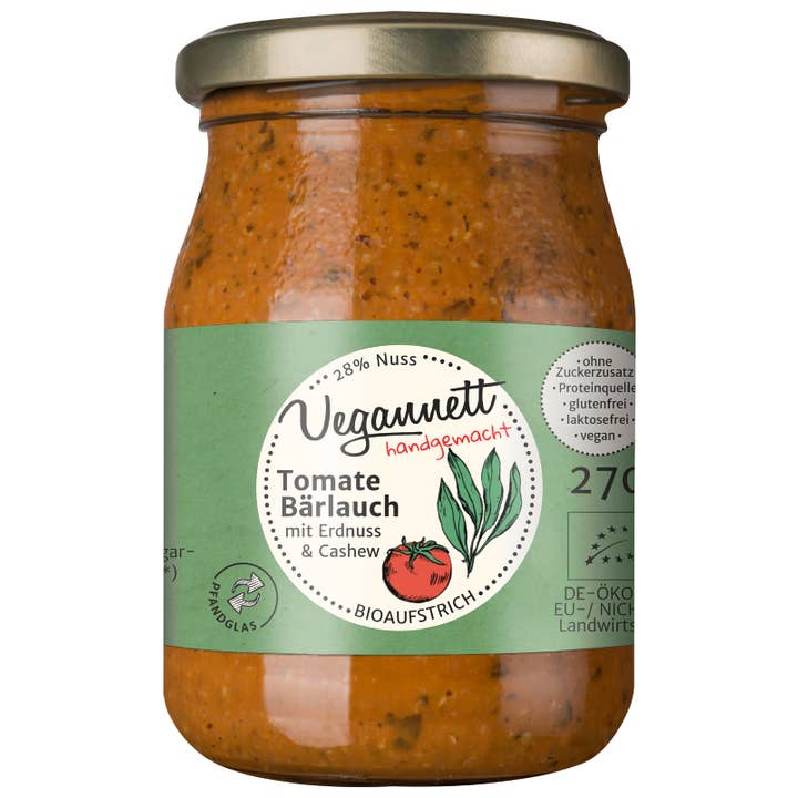 Vegannett Biomanufaktur - Wholesale Pesto - Organic tomato and wild garlic spread with 28% nut butter in reusable glass!