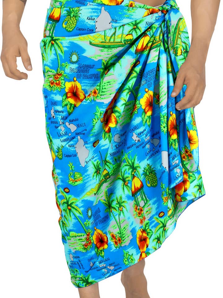 Likre HAWAII PARADISE Hawaiian Beach Wrap Men's Sarong Turq for wholesale by LA LEELA \ HAPPY BAY