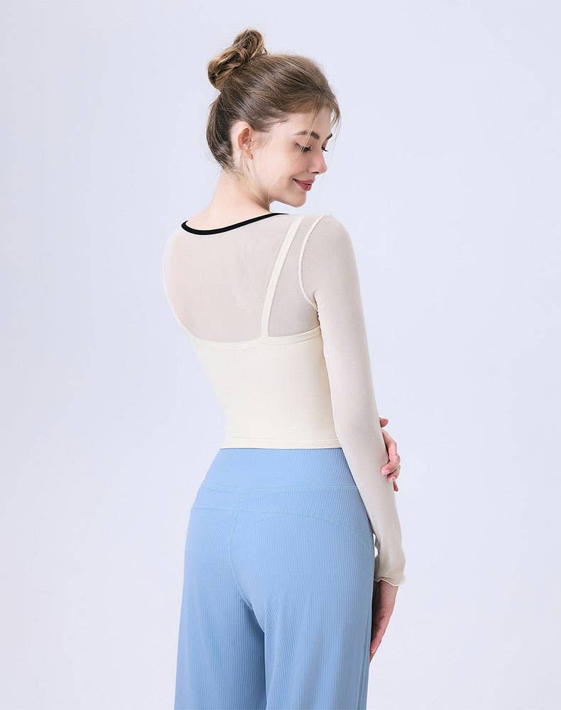 Crave by FW - Wholesale Athletic Top - Women's - Faux Two Piece Long Sleeve Mesh Crop Top Tie Yoga T-Shirts3