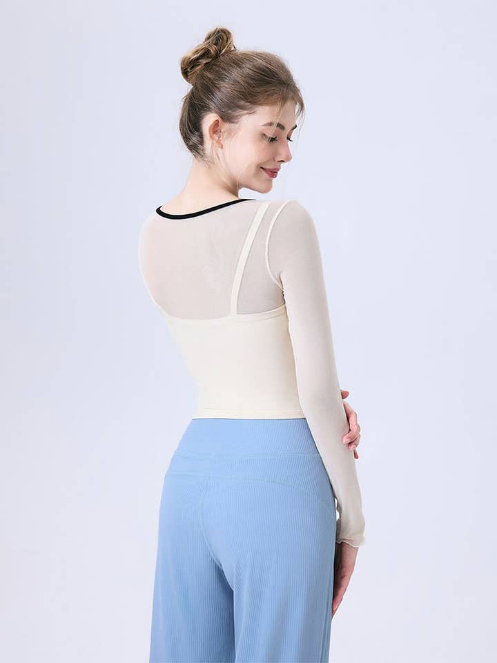 Crave by FW - Wholesale Athletic Top - Women's - Faux Two Piece Long Sleeve Mesh Crop Top Tie Yoga T-Shirts3